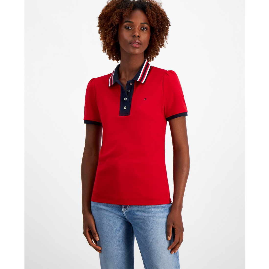 Women's Cotton Contrast Puff-Sleeve Polo