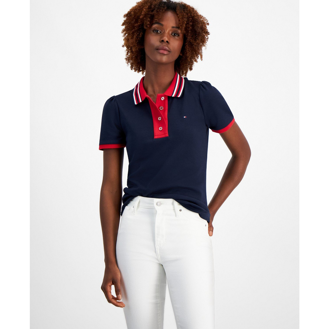 Women's Cotton Contrast Puff-Sleeve Polo