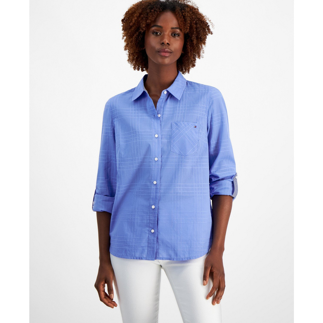 Women's Cotton Tonal-Plaid Roll-Tab Shirt