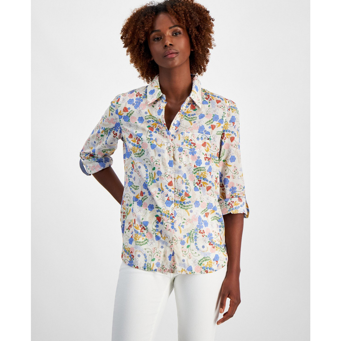 Cotton Floral-Print Roll-Tab Shirt pour Femmes