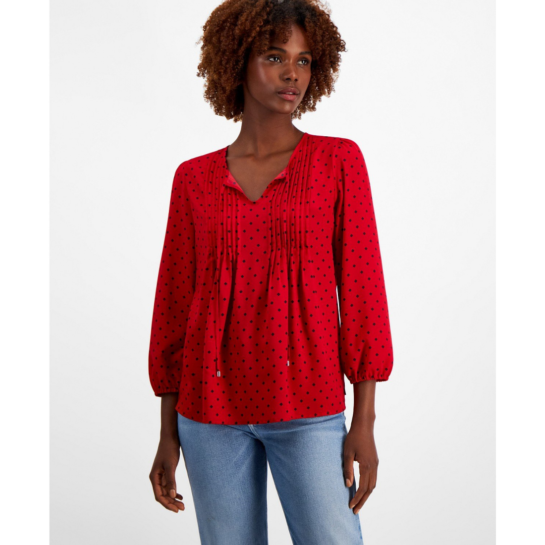 Diamond-Dot Pintucked Peasant Blouse pour Femmes