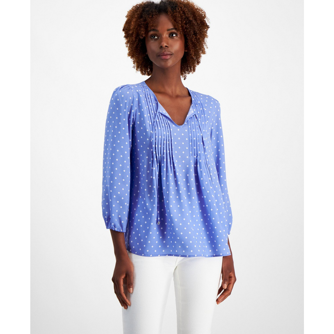 Diamond-Dot Pintucked Peasant Blouse pour Femmes