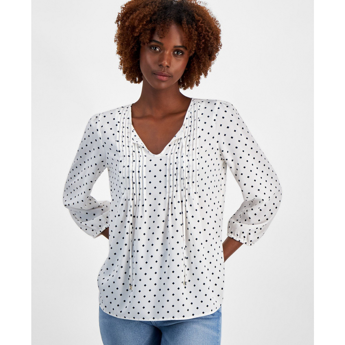 Women's Diamond-Dot Pintucked Peasant Blouse