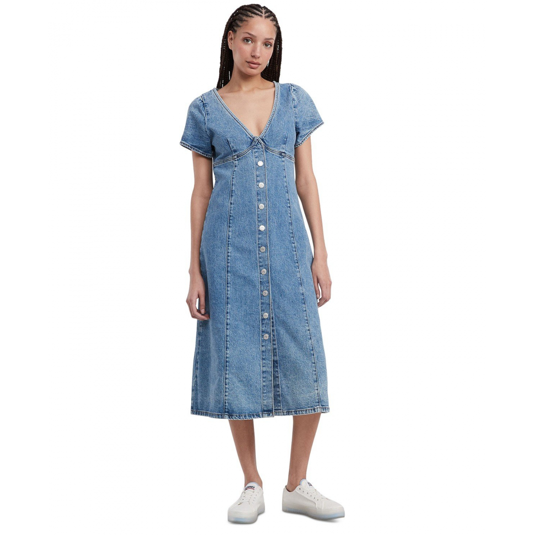 Women's 'Short Sleeve Button-Front Denim Midi Dress'