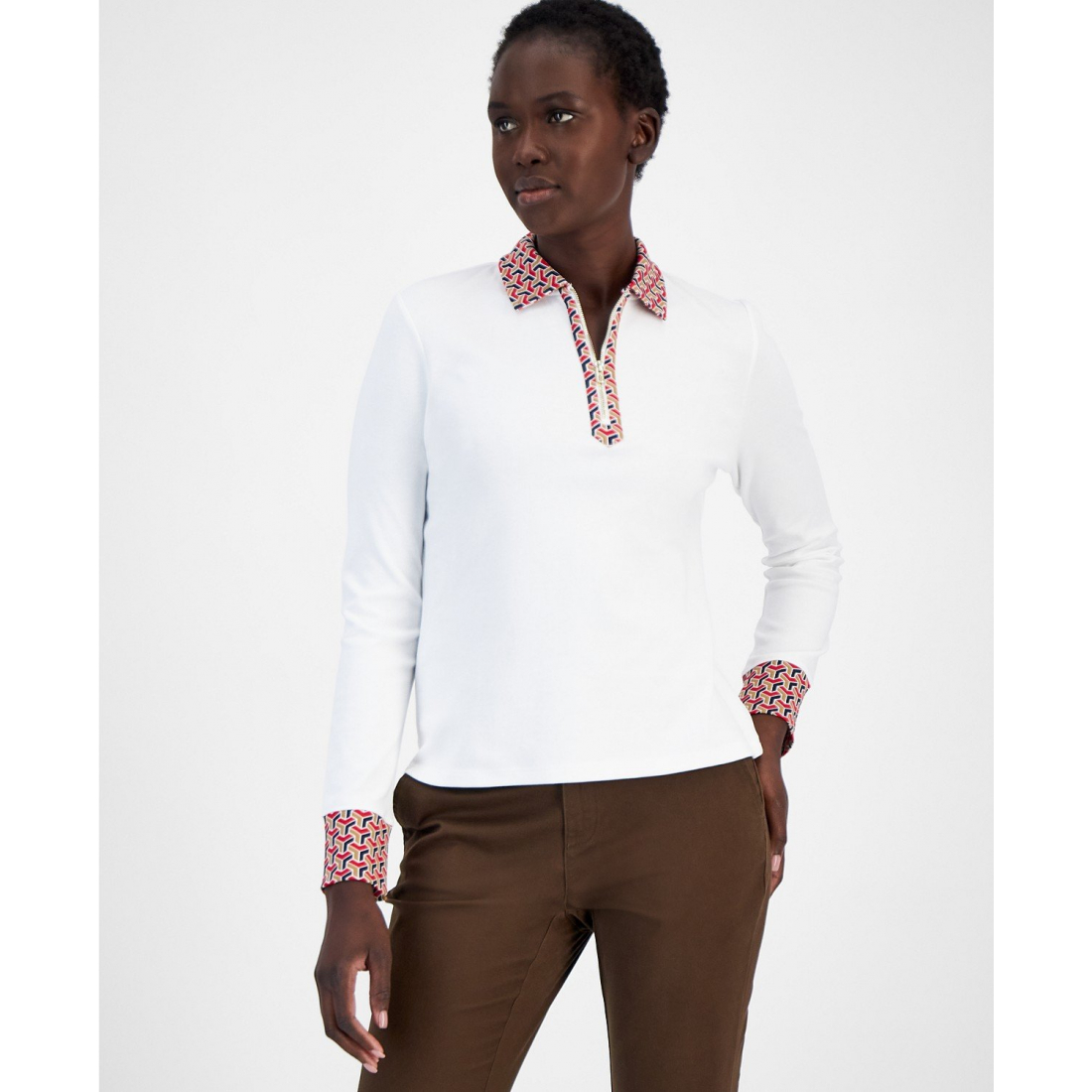 Cotton Geo-Print-Trim Top pour Femmes