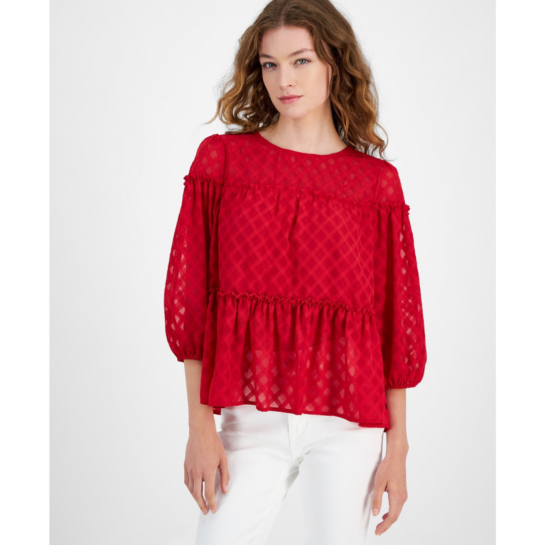 Women's Lattice Clip-Dot Balloon-Sleeve Blouse