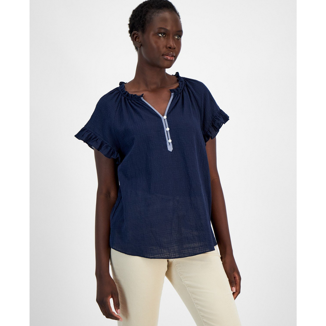 Cotton Ruffled Raglan-Sleeve Top pour Femmes