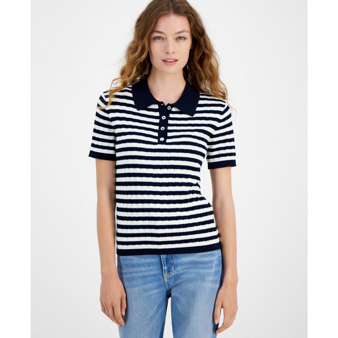 Striped Short-Sleeve Polo Sweater pour Femmes