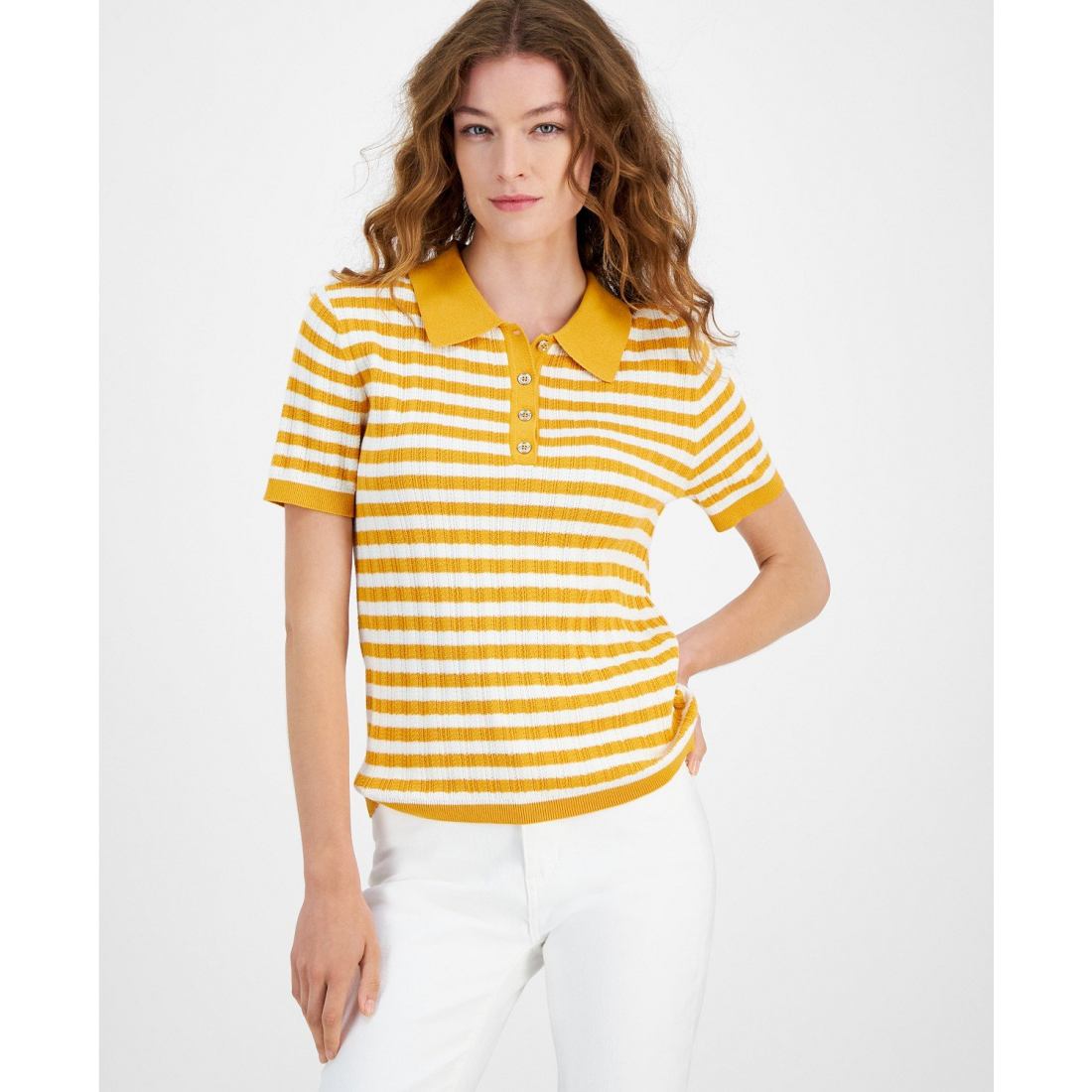 Striped Short-Sleeve Polo Sweater pour Femmes