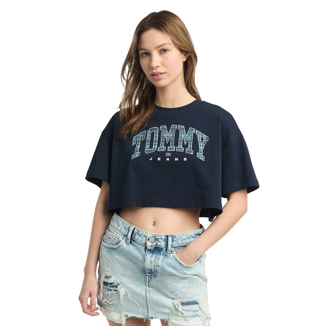 Women's Cotton Oversized Cropped Tartan Graphic T-Shirt