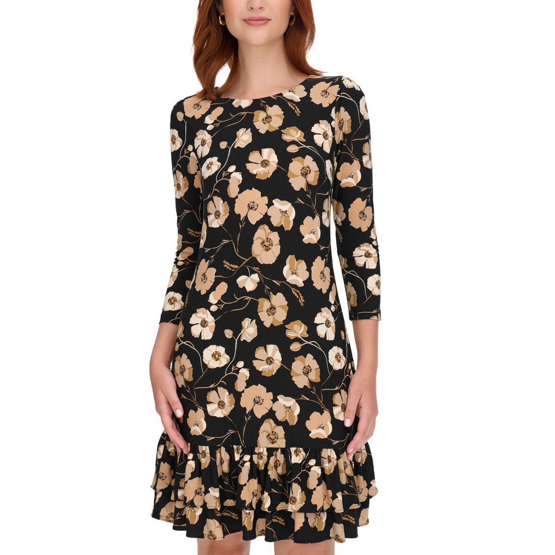 Women's Round-Neck 3/4-Sleeve Ruffle-Hem Dress