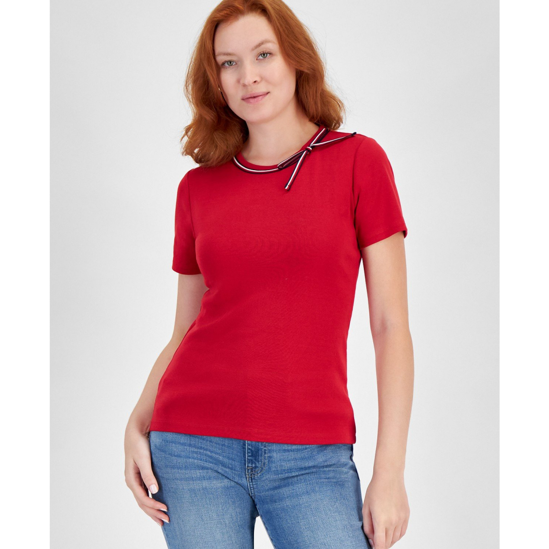 'Bow Neck Cotton T-Shirt' für Damen