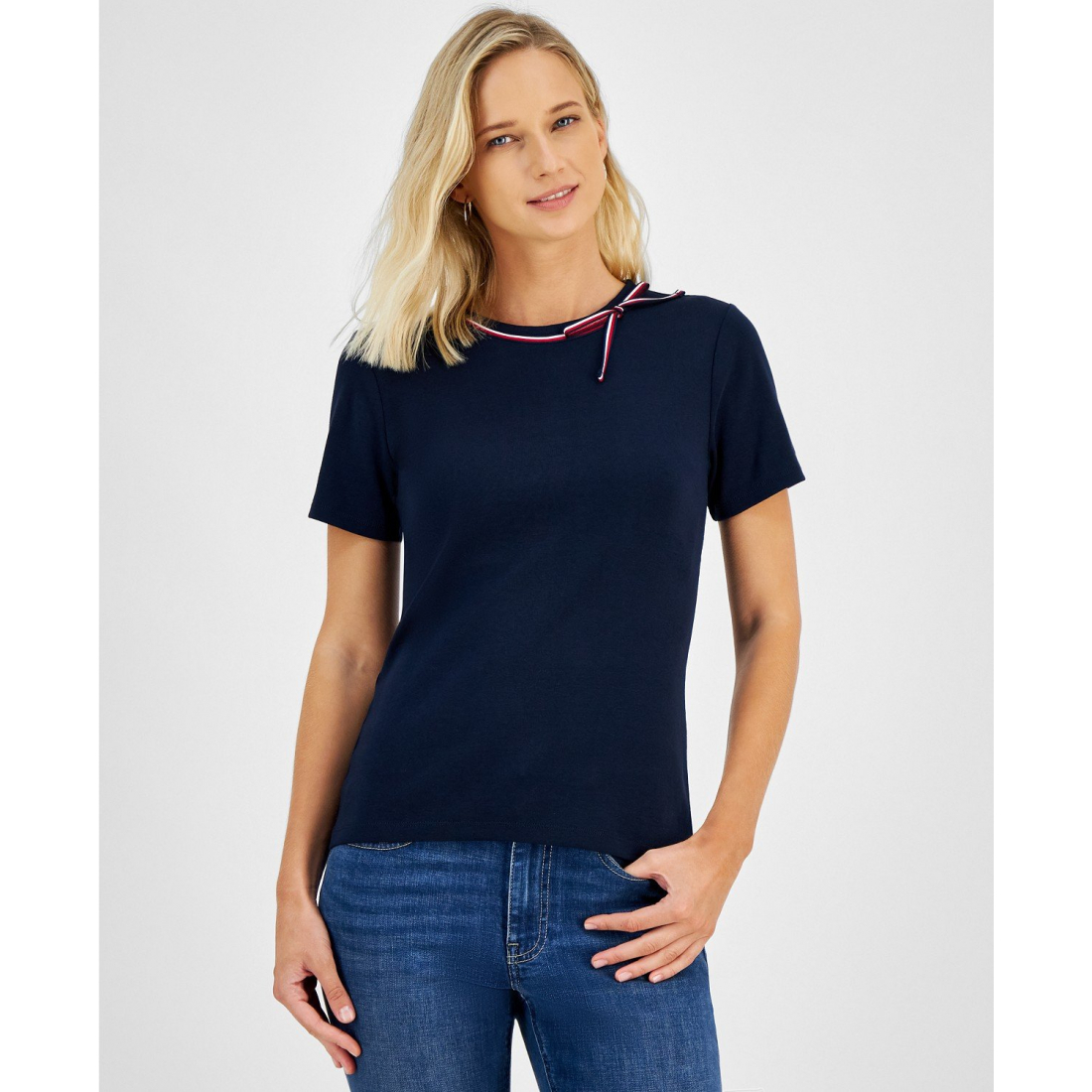 Bow Neck Cotton T-Shirt pour Femmes