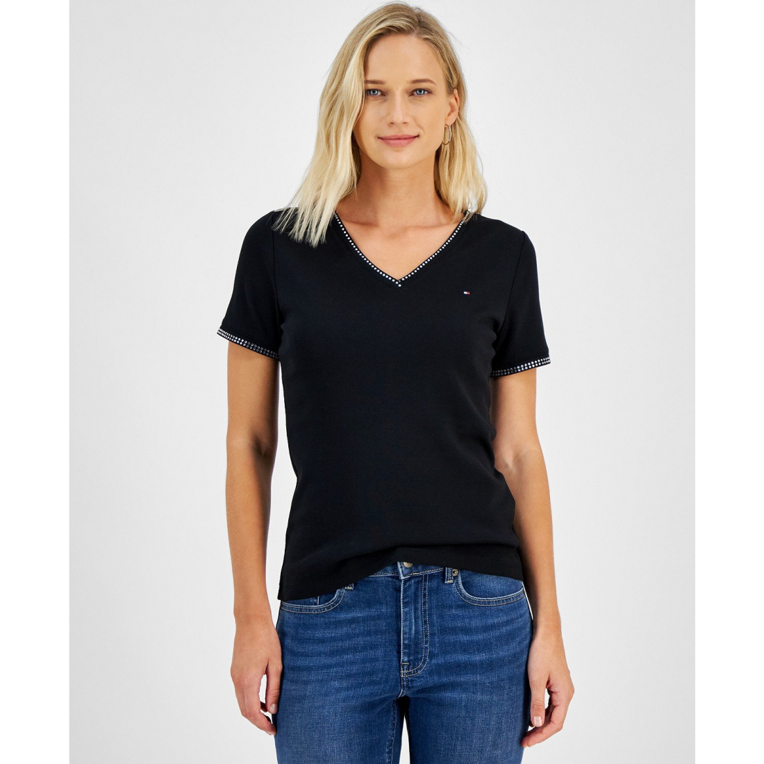 'Embellished V-Neck Cotton T-Shirt' für Damen