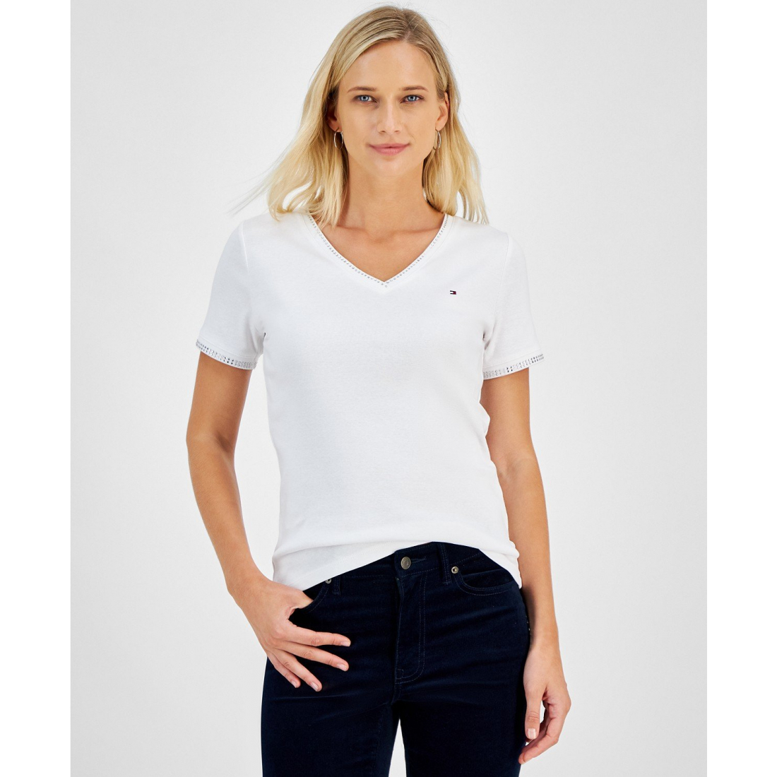 Embellished V-Neck Cotton T-Shirt pour Femmes