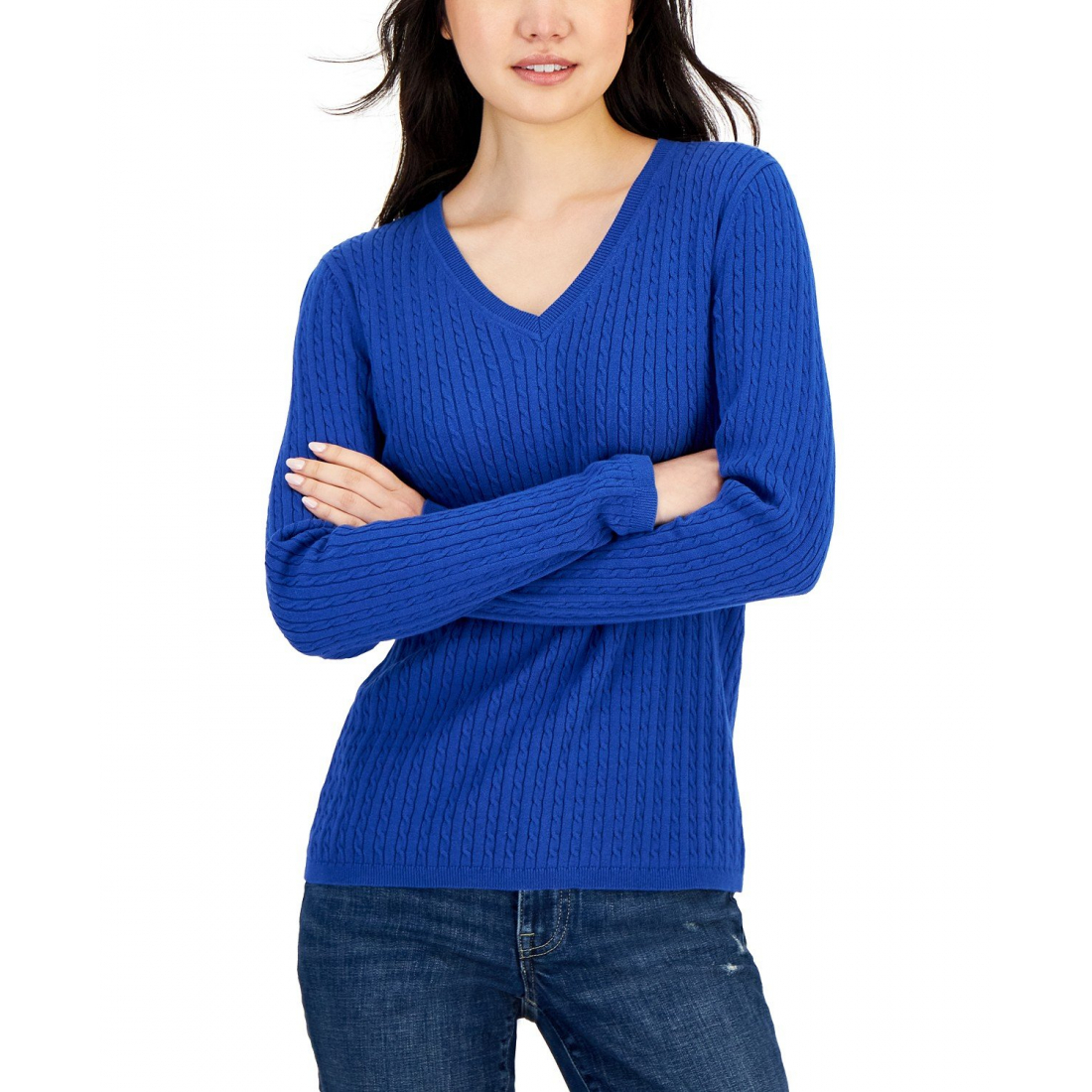 Women's Cotton Cable Ivy V-Neck Sweater