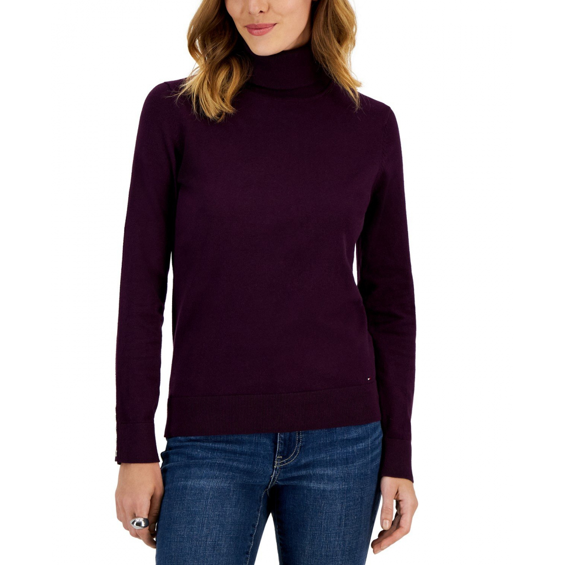 Women's Cotton Solid Button Cuff Turtleneck Sweater