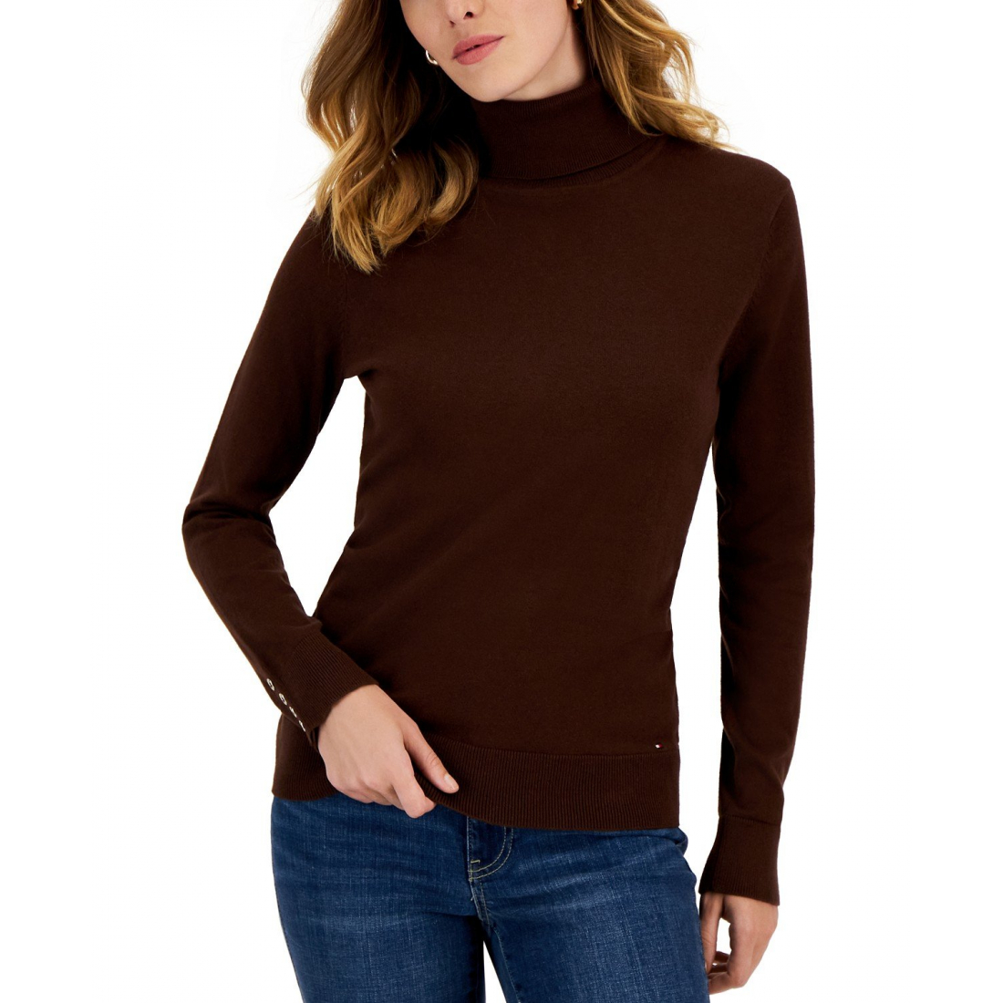 Women's Cotton Solid Button Cuff Turtleneck Sweater