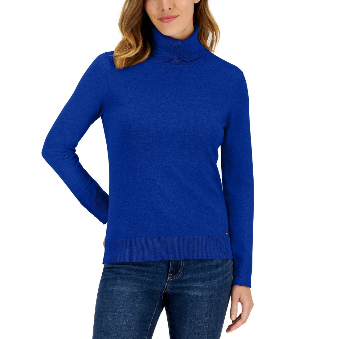 Women's Cotton Solid Button Cuff Turtleneck Sweater