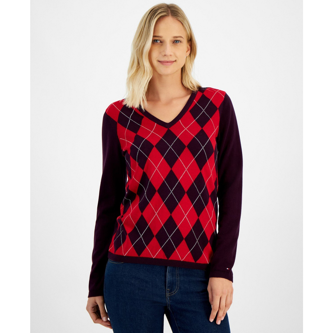 'Cotton Argyle V-Neck Sweater' für Damen