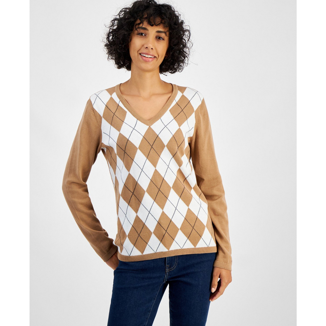 'Cotton Argyle V-Neck Sweater' für Damen