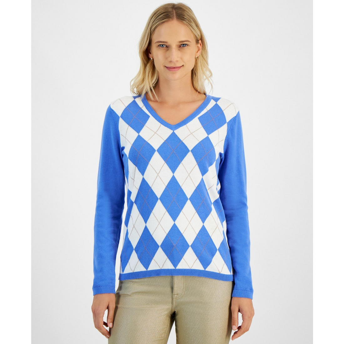 Cotton Argyle V-Neck Sweater für Damen