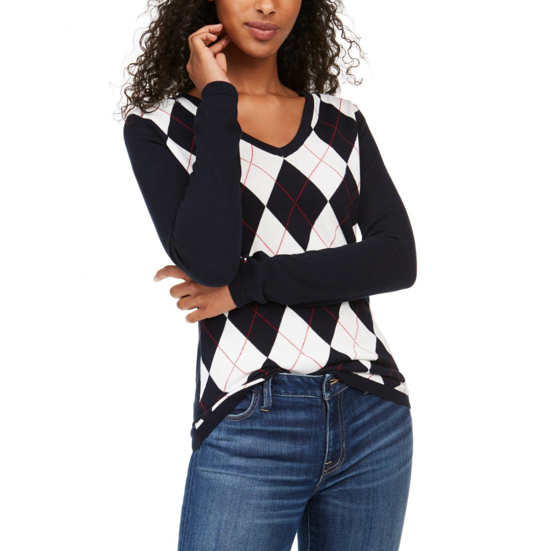 Cotton Argyle V-Neck Sweater pour Femmes