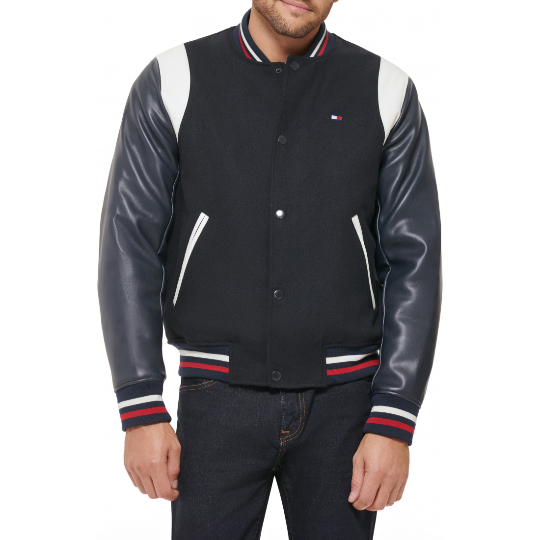 Faux Leather Letterman Varsity Jacket pour Hommes