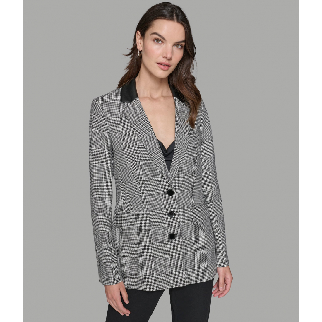 'Glen Plaid Faux Leather Collar Blazer' pour Femmes