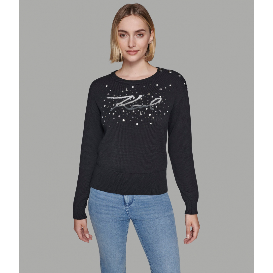 'Karl Script Sweater With Button And Pins' für Damen