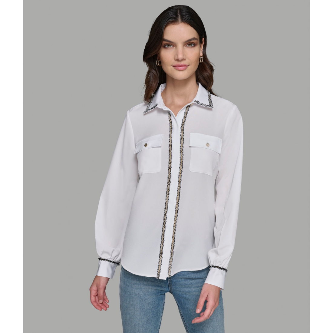 'White Soft Button Front Blouse' pour Femmes