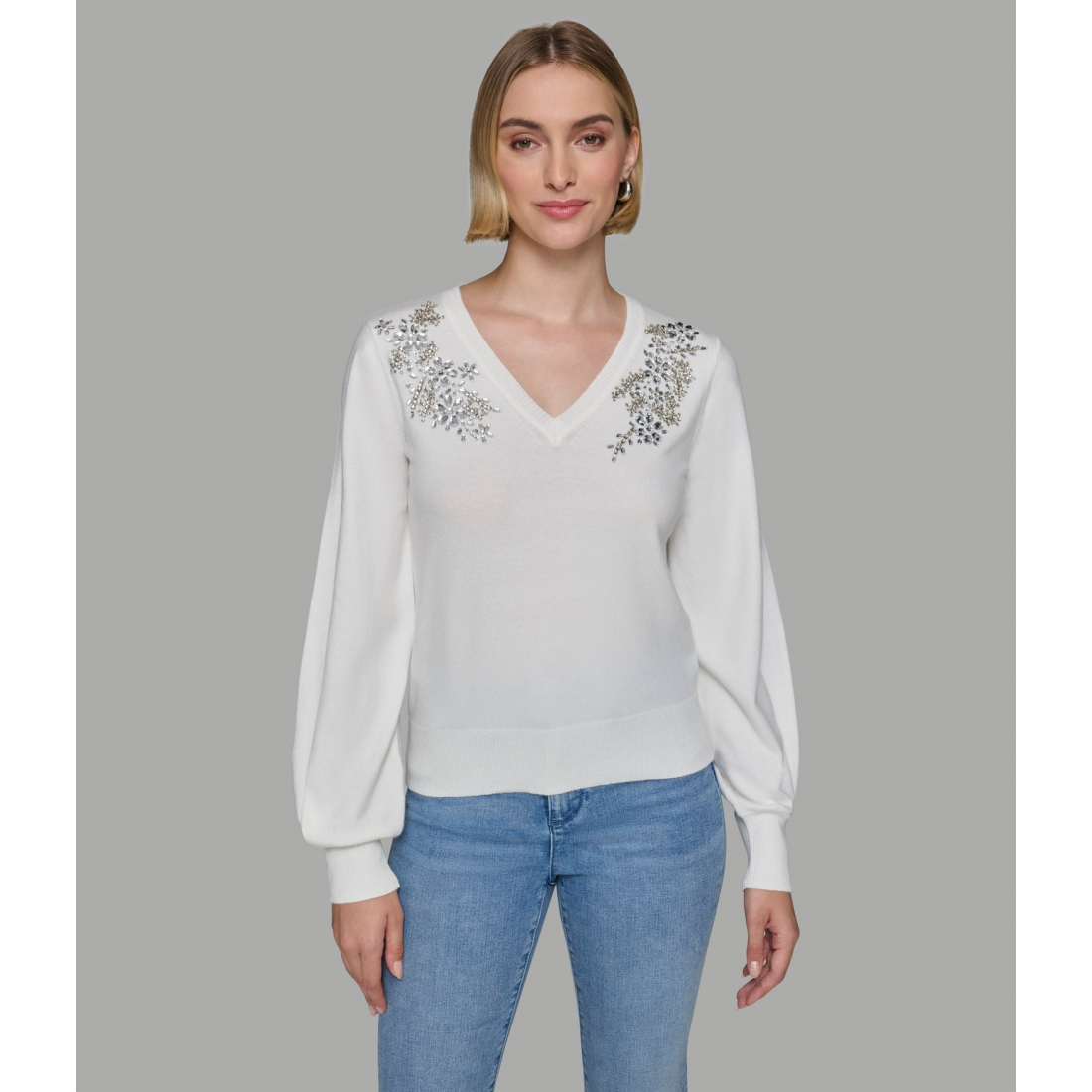 'Embellished V Neck Sweater' pour Femmes