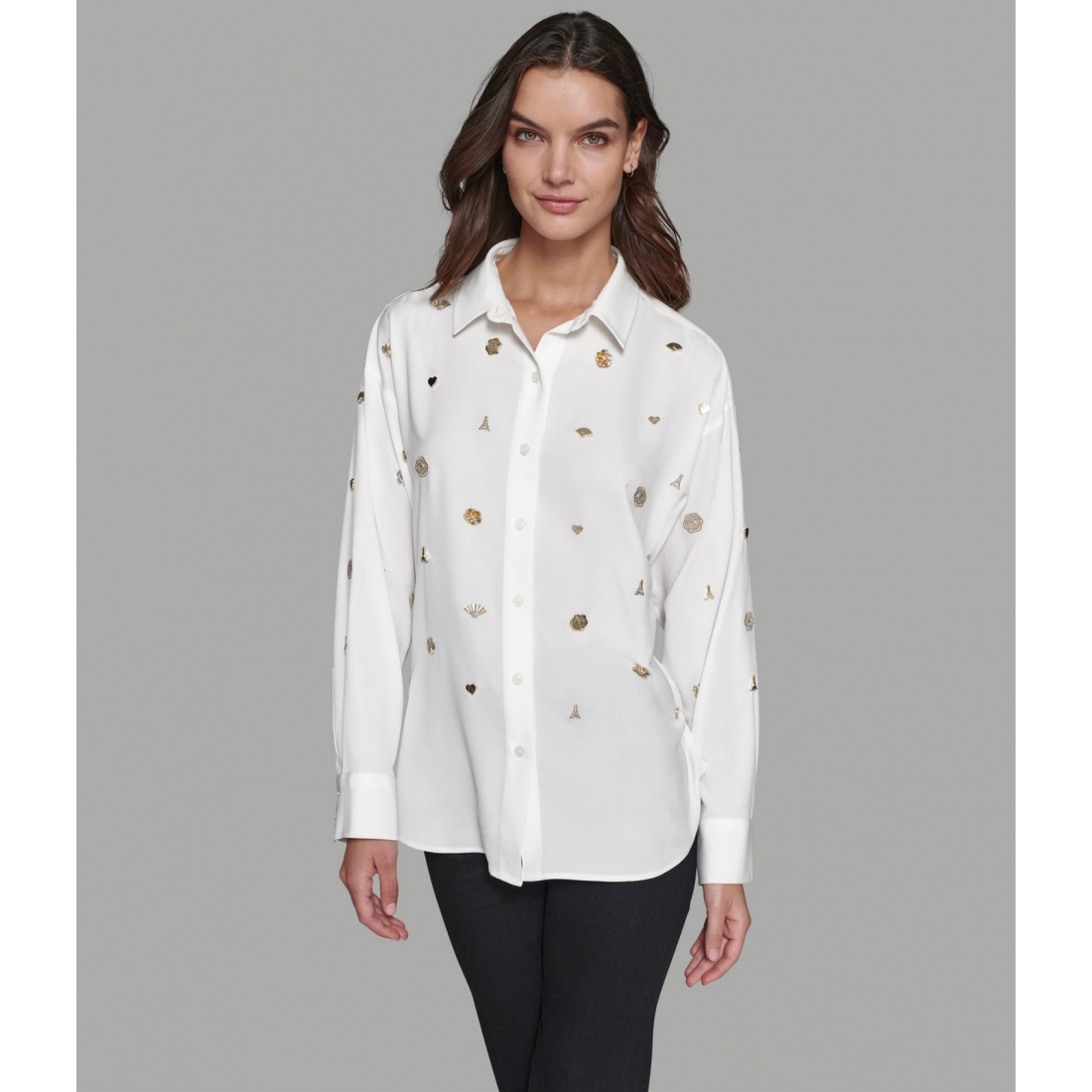 'White Button Front Blouse With Gold Pins' pour Femmes