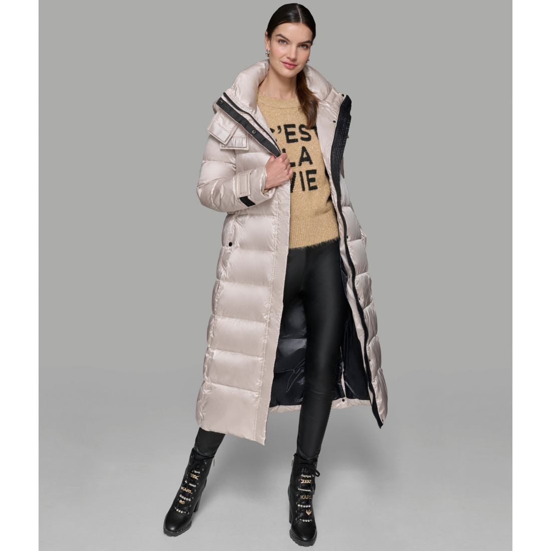 'Contrast Maxi Belted Long Puffer' pour Femmes