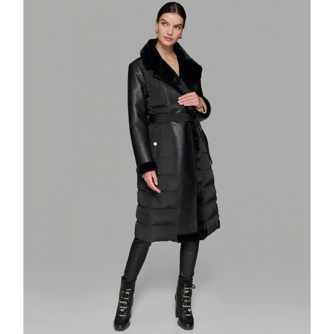 'Mixed Media Maxi Belted Puffer With Faux Fur' pour Femmes