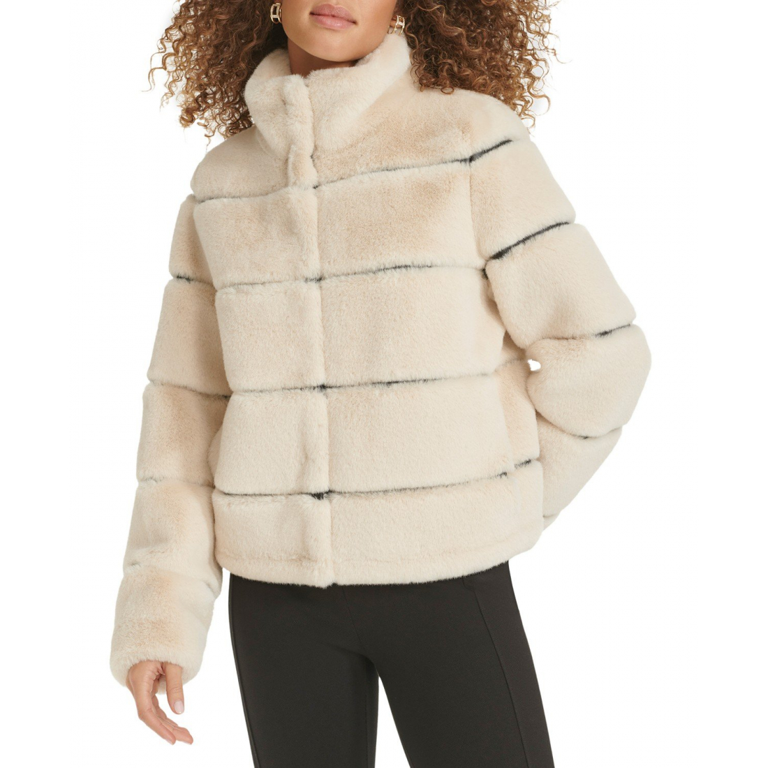 'Faux-Leather Trim Faux-Fur Short Coat' pour Femmes