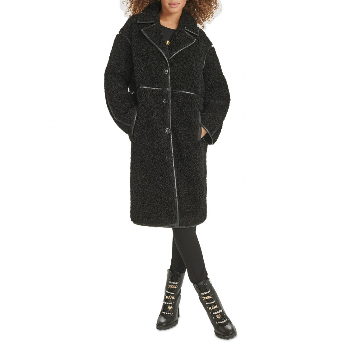 'Faux-Leather-Trim Teddy Coat' pour Femmes