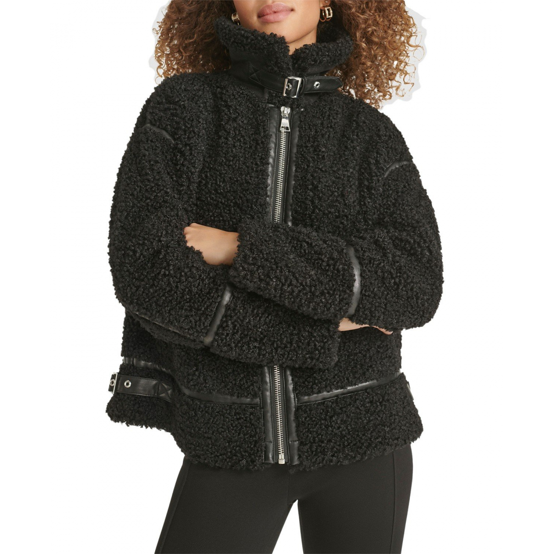 'Faux-Leather-Trim Teddy Moto Coat' pour Femmes