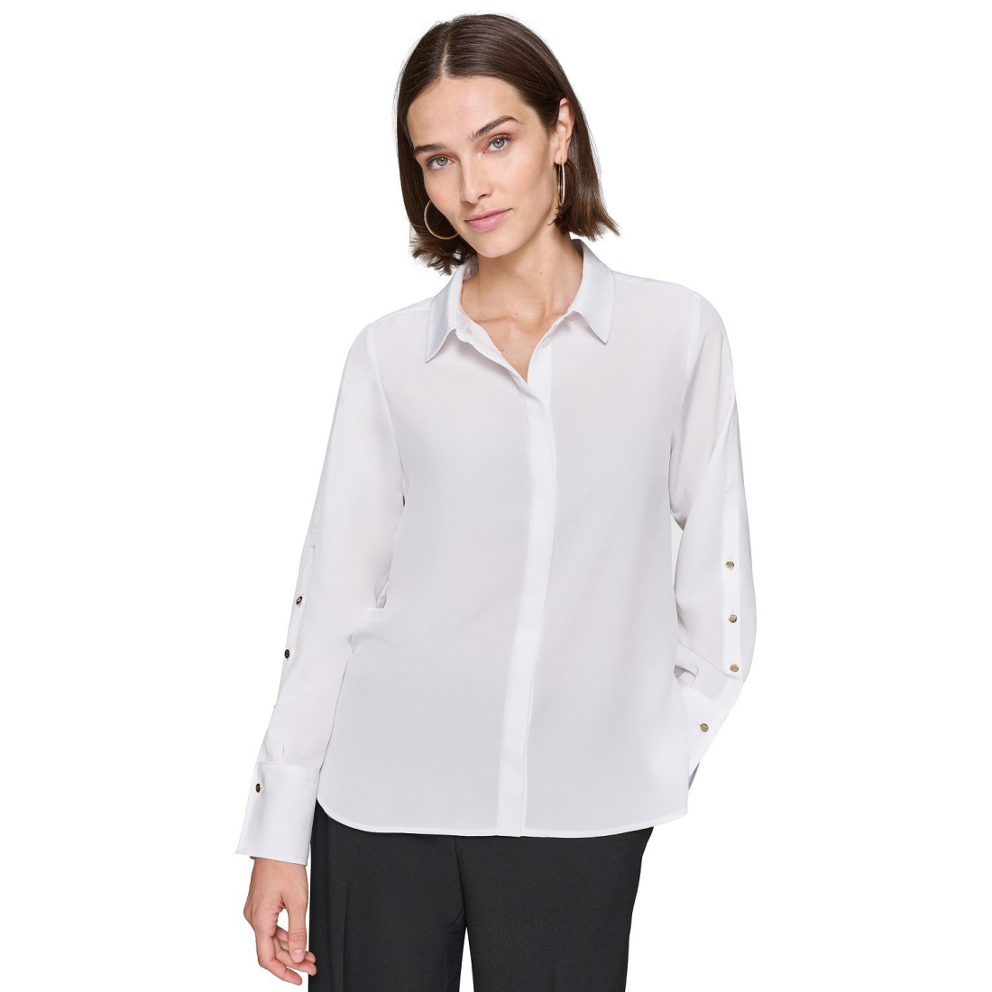 'Collared Button-Sleeve Button-Up Blouse' pour Femmes