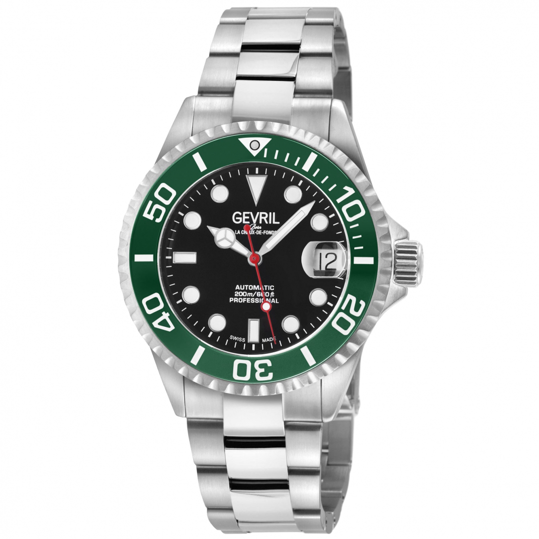 Men's Wall Street Black Enamel Dial, Ceramic  Green Bezel, 316L Stainless Steel Bracelet Watch