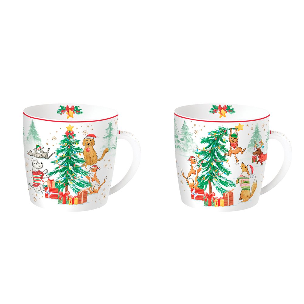 Set 2 High Quality Fine China Mugs 350 ml In Color Box Christmas Gang