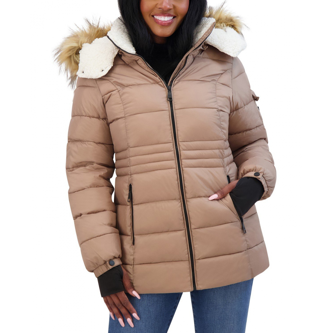 Women's 'Juniors' Faux-Fur-Trim Hooded Puffer Coat'