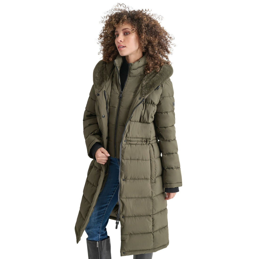 'Faux-Fur-Trim Hooded Bibbed Puffer Coat' für Damen