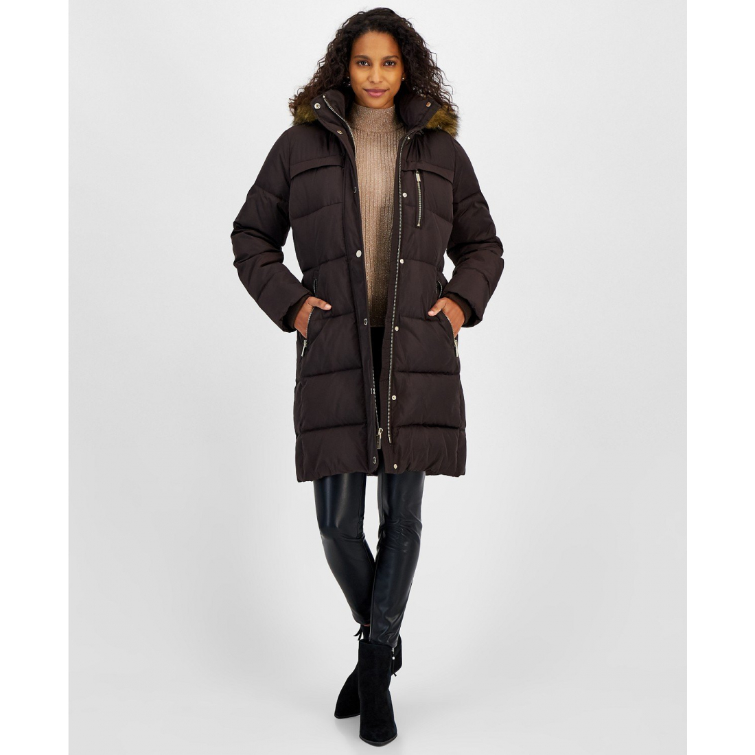 'Faux-Fur-Trim Hooded Puffer Coat' für Damen