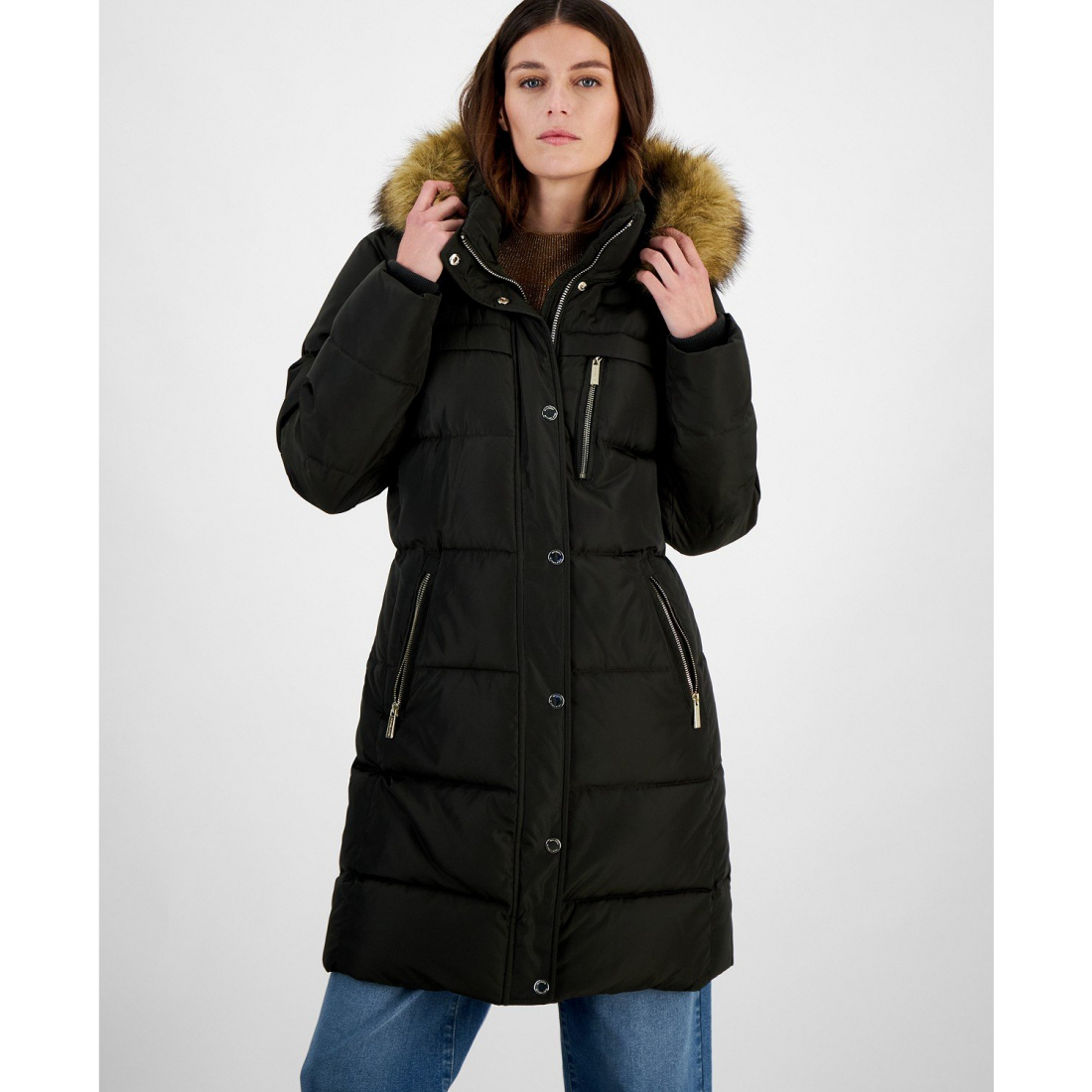 'Faux-Fur-Trim Hooded Puffer Coat' für Damen