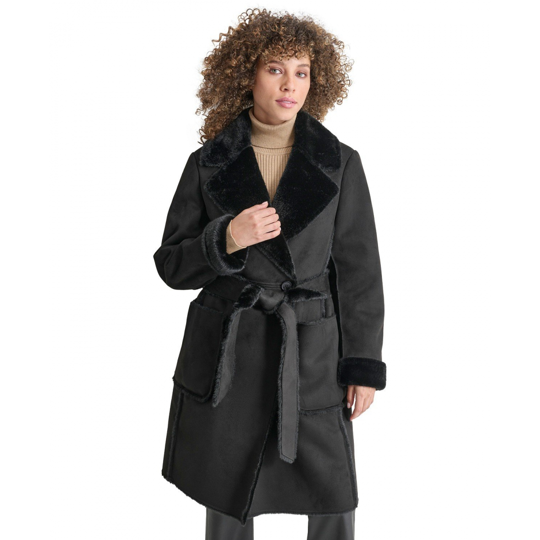 Women's 'Belted Notched-Collar Faux-Shearling Coat'