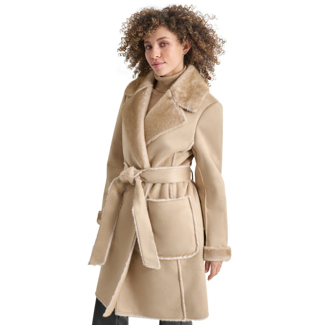 Women's 'Belted Notched-Collar Faux-Shearling Coat'