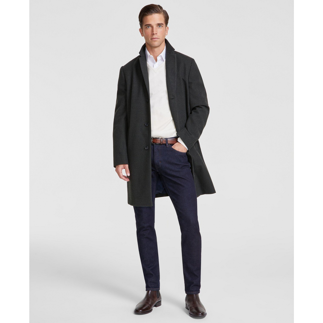 Men's 'Modern-Fit Plaid Olive Charcoal Overcoat'