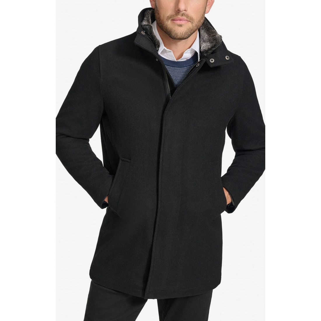 'Walking Wool Blend Coat with Faux Fur Trim' für Herren