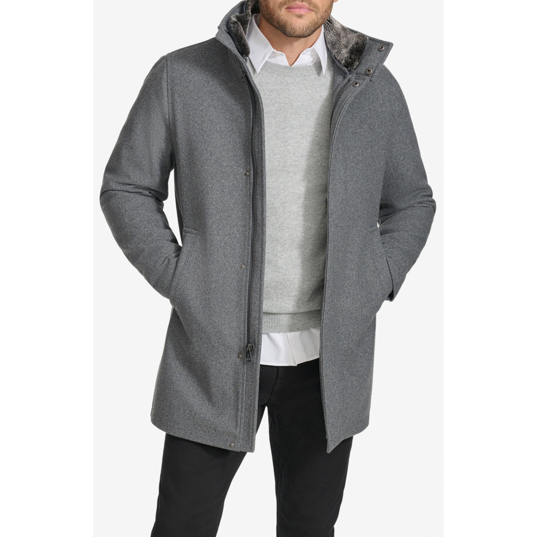 'Walking Wool Blend Coat with Faux Fur Trim' für Herren